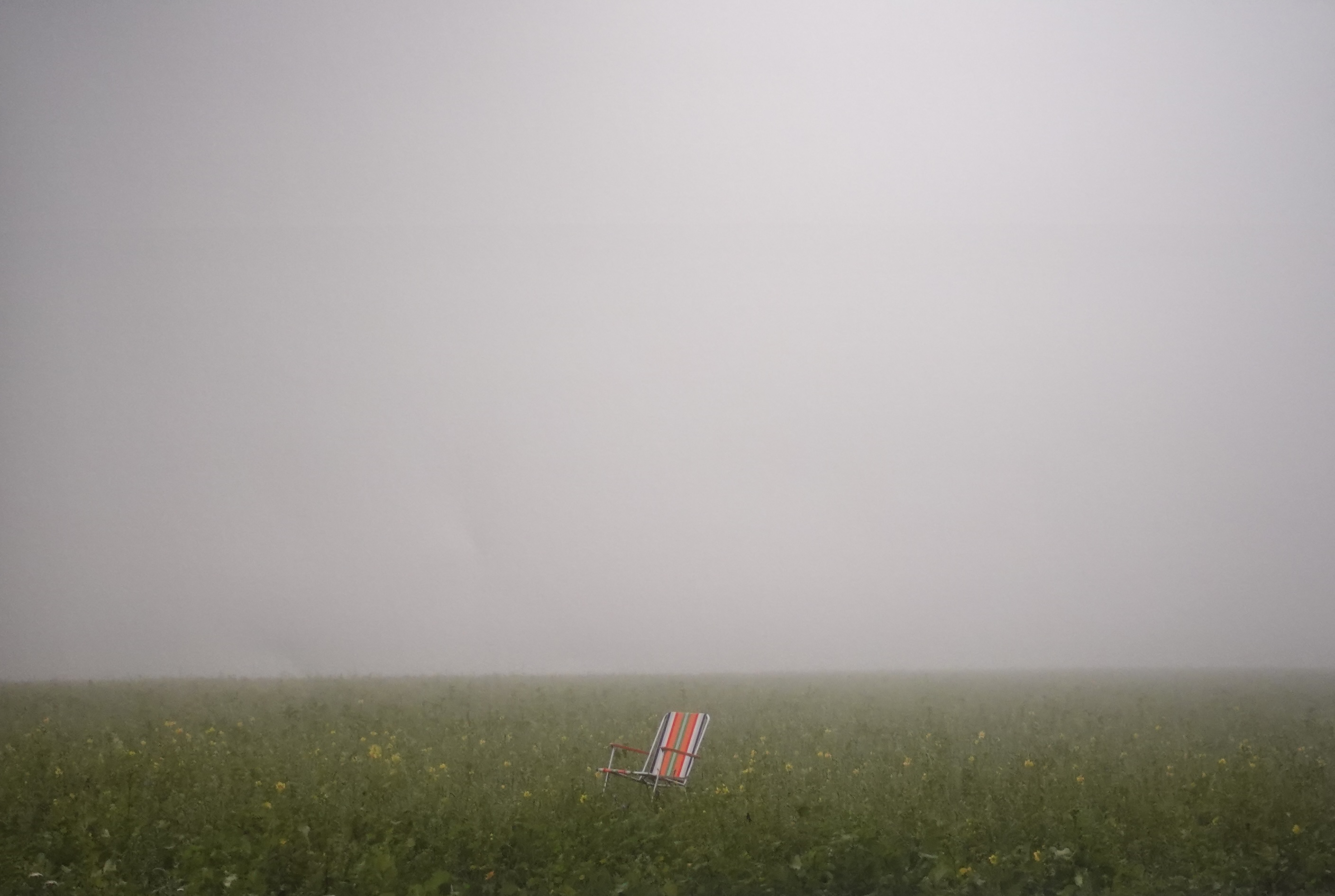 Ein rot-weißer Liegestuhl steht verlassen in einem nebligen Feld mit grüner Vegetation.